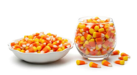 Candy Corn Delight: Halloween Treat Arrangement in White Bowl and Glass Container, Sweet Candies, Festive Design, Flat Lay Presentation on White Backdrop