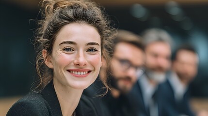 A beautiful young professional woman smiles confidently du a meeting with her colleagues in a board room.