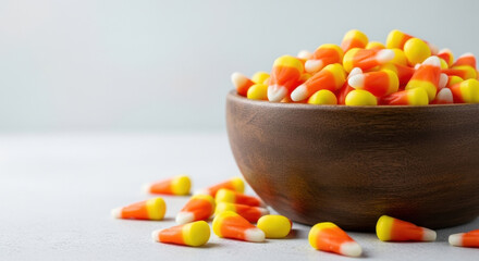 Candy Corn Autumn Treat Halloween Sweets Wooden Bowl Pile Traditional Festive Dessert Colorful Orange Yellow White Confectionery Celebration