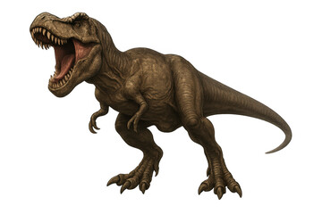Tyrannosaurus rex dinosaur, a brown prehistoric predator, roaring with its mouth wide open, showing sharp teeth. Transparent background