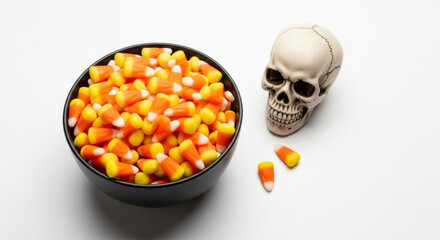 Candy Corn Abundance Black Bowl Halloween Treat Skull Holiday Celebration Traditional Confectionery Sweet Sugar Festive Season Orange Yellow White