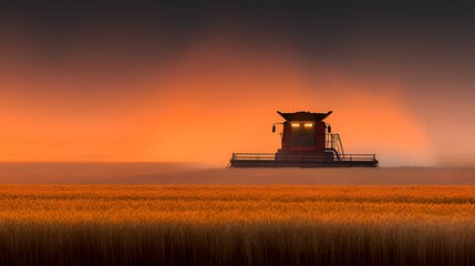 Fototapeta premium A combine harvester works in a wheat field at dusk with warm golden light reflecting off the harvest crops.