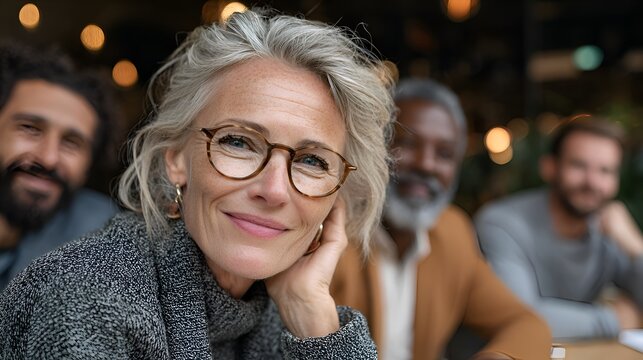 Smiling mature woman wea glasses looks at camera surrounded by diverse friends at casual social gathe.