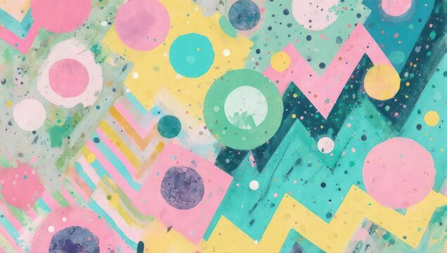 Pastel abstract art with geometric shapes, dots, and zigzags. Colorful and whimsical