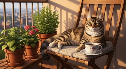 Tabby cat relaxing on balcony chair with coffee enjoying city views perfect for lifestyle articles on pet ownership cafes with cats relaxation.