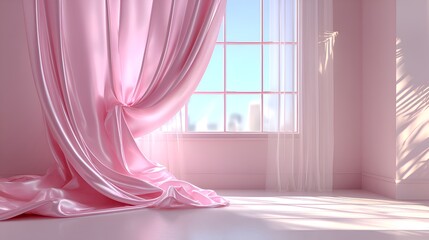 Elegant soft pink satin curtain gently cascades in a sunlit room with a view through a window pane.