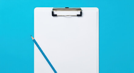 Clipboard with Blank Paper: Minimalist White Clipboard with Pencil on Bright Blue Background for Writing, Notes, and Tasks