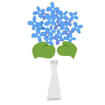 Illustration of blue Hydrangea flowers in gray vase on white background