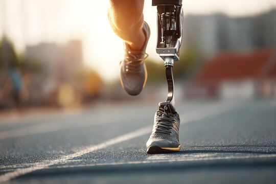 Running on the track, an athlete with a prosthetic leg trains under a bright sky during an athletic event