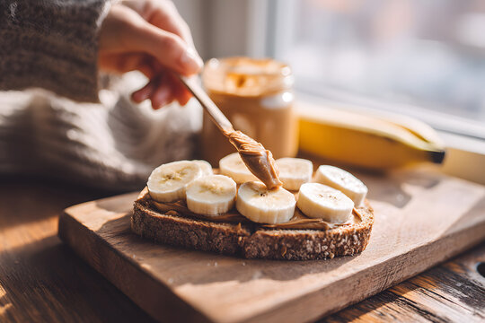 Delicious banana toast with peanut butter prepared on a wooden board by a sunny window