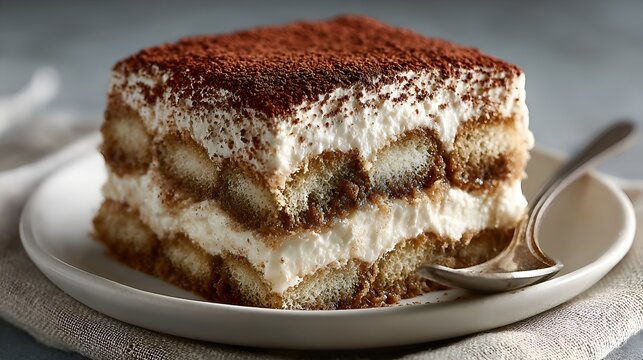 Delicious tiramisu dessert sprinkled with cocoa powder sits on a plate with a spoon ready to be enjoyed. - Powered by Adobe