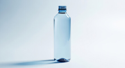 Clear Glass Water Bottle on Light Blue Background Refreshment Hydration Thirst Quench Pure Drink Packaging Container