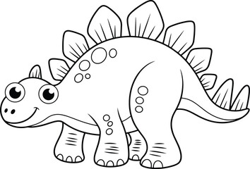 Cartoon Stegosaurus dinosaur, black and white outline, coloring page, friendly expression, educational theme, vector illustration, digital artwork, kids content