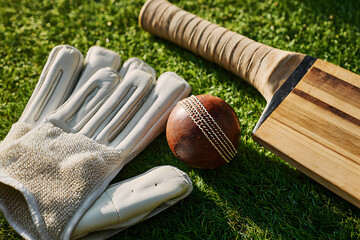 Cricket equipment arranged on the grass at a sunny day in the playing field