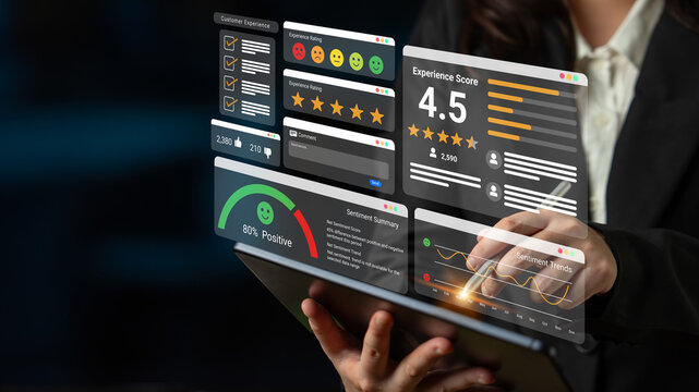 Feedback system with ratings, sentiment meter, and charts representing customer satisfaction and experience analysis Parse