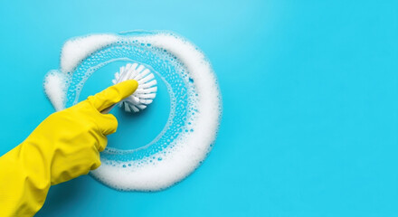 Cleaning with Yellow Glove and Brush on Blue Surface Sanitation Concept Hygiene Maintenance Freshness Disinfection Scrubbing Home Care