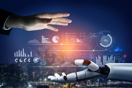 A hand reaches towards a robotic hand against a nighttime city backdrop, showcasing the fusion of human innovation and technology through data visualization. Scalp