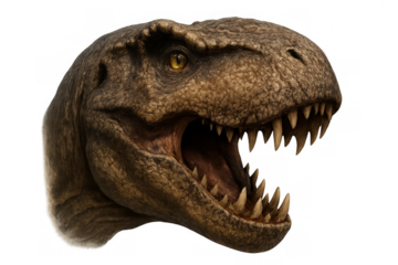Tyrannosaurus rex predator head roaring, showing menacing teeth and powerful jaws against a transparent background