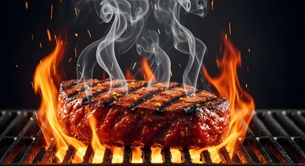 Cinematic Close-Up of Juicy Sizzling Steak on Hot Grill with Smoke and Golden Glow
