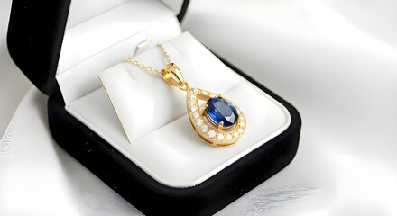 Luxury Gold Teardrop Pendant Necklace with Blue Sapphire and Diamond Accents in Velvet Box
