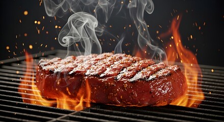 Cinematic Close-Up of Juicy Sizzling Steak on Hot Grill with Smoke and Golden Glow