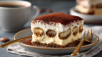 A delicious slice of tiramisu dessert topped with cocoa powder sits alongside a cup of coffee and gold forks.