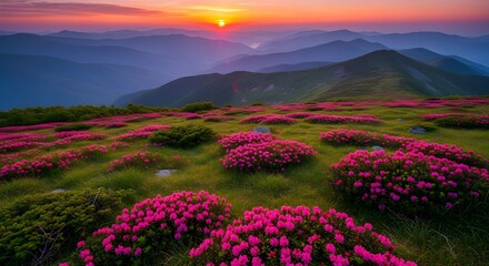 Sunrise Over Misty Mountain Landscape with Pink Rhododendron Flowers and Vibrant Sky