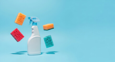 Cleaning Supplies Spray Bottle Colorful Sponges Hygiene Home Care Chores Domestic Household Product Still Life Isolated Background