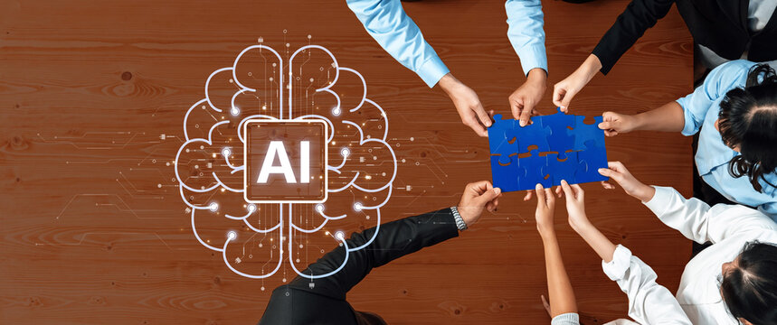 A diverse team engages in creative brainstorming to solve problems using artificial intelligence, showcasing collaboration and innovative thinking in a business environment. Trope