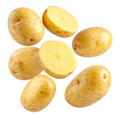 Falling fresh potatoes isolated on white transparent background