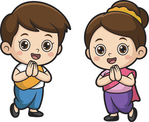 Cartoon Thai children greeting, traditional clothing, respectful wai gesture, cultural pose, vector illustration, Southeast Asia theme, digital artwork, character design