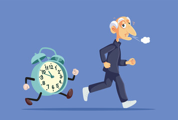 Elderly Man Running Away From the Clock Vector Concept Illustration. Senior male feeling tired trying to outrun time passing by