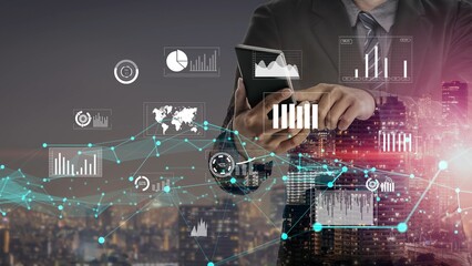 A business professional stands against a city skyline, analyzing data on a tablet. Digital graphs and charts surround them, illustrating trends in analytics and growth. Xenic