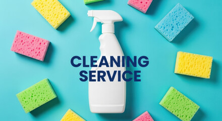 Cleaning Service Spray Bottle Colorful Sponges on Blue Surface Professional Home Commercial Hygiene Sanitation Disinfection Chores Tools