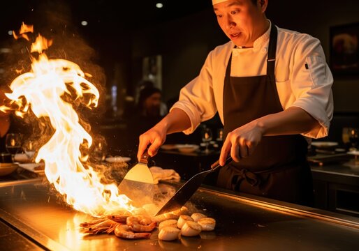 Dynamic action shot of a skilled chef flipping seafood on a flaming teppanyaki grill