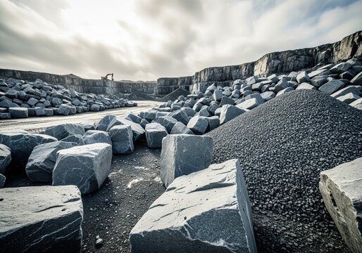 Industrial quarry landscape featuring massive gray granite boulders and piles of crushed stone.