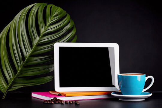 A tablet computer, a blue coffee cup with saucer, stacked books, and a large green leaf are arranged on a dark surface. - Powered by Adobe