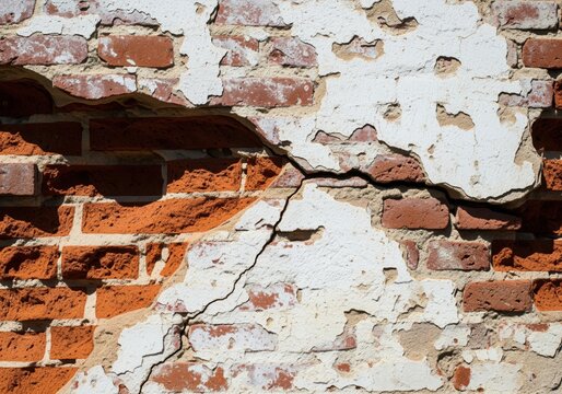 Weathered red brick wall texture showing crumbling white plaster and deep cracks