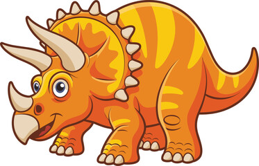 Cartoon triceratops dinosaur, orange body, yellow stripes, three horns, smiling face, prehistoric creature, vector illustration, digital artwork, kids theme