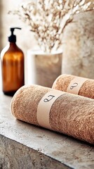 Naklejka premium A close-up shot of two rolled brown towels, each with a paper band, on a stone surface, with a soap dispenser and dried floral arrangement in the background.