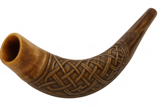 Drinking horn with intricate celtic knot carving, a traditional viking medieval vessel for ale, mead, or celebration, transparent background