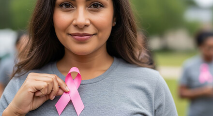 Woman holding pink ribbon for breast cancer awareness