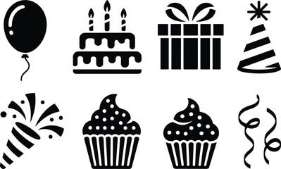 Birthday celebration icons set with cake, balloons, gifts, cupcakes, party hat, popper, streamers in black silhouette styleBirthday celebration icons set with 
