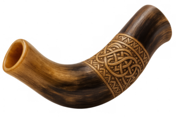 Drinking horn, a replica of ancient viking and medieval celtic design, showing a carved knot pattern, on transparent background