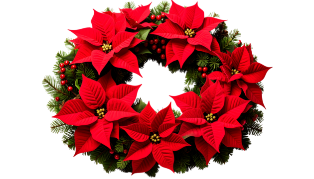 Christmas wreath with red poinsettias, green pine needles, and red berries on transparent and white background