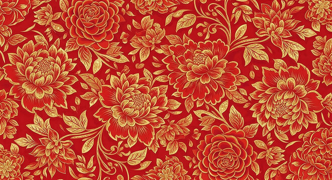 Red and gold traditional chinese floral pattern wallpaper