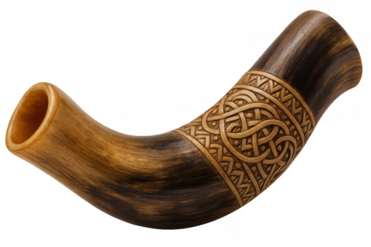 Drinking horn, a replica of ancient viking and medieval celtic design, showing a carved knot pattern, on transparent background
