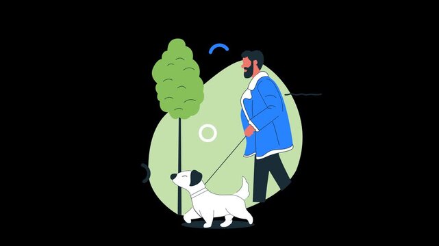 Bearded Man Walking Small White Dog On Leash In Stylized Outdoor Park