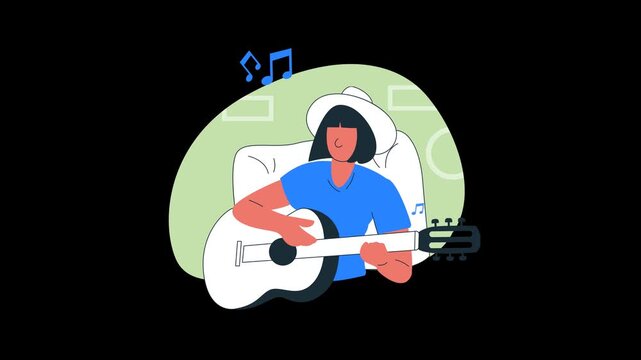 Animated Flat Design Illustration Of Person Playing Acoustic Guitar With Musical Notes Floating Around