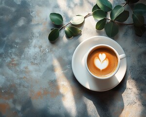 aesthetic coffee flatlay with cinematic light and shadow diagonals crossing textured background, cinematic mood & lighting